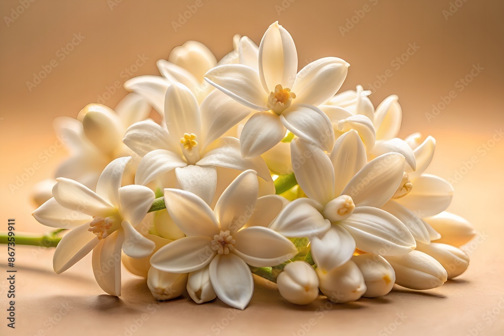 Delicate white mogra flower buds with intricate petals and yellow centers rest against a soft, warm beige background, evoking serenity and elegance. Delicate white mogra flower buds with intricate petals and yellow centers rest against a soft, warm beige background, evoking serenity and elegance.