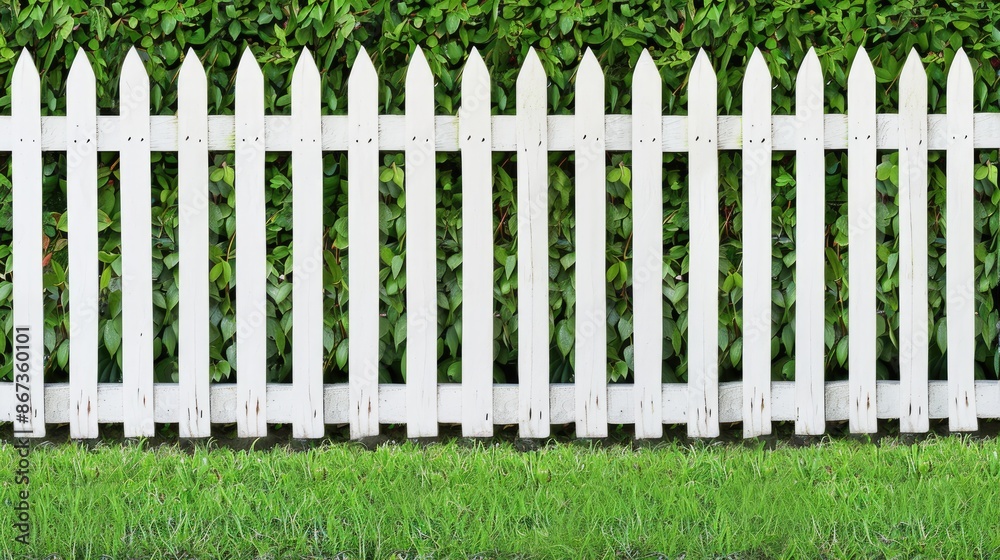 A white picket fence lines a manicured green hedge, creating a beautiful border between a private property and the public sidewalk. A white picket fence lines a manicured green hedge, creating a beautiful border between a private property and the public sidewalk.