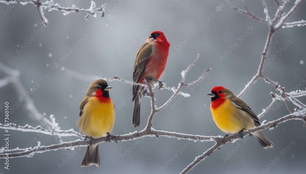 Two birds, one red-breasted, the other yellow and black, sit on snowy branches adorned with frost or dew, enjoying each other's company in a scenic winter setting. Two birds, one red-breasted, the other yellow and black, sit on snowy branches adorned with frost or dew, enjoying each other's company in a scenic winter setting.