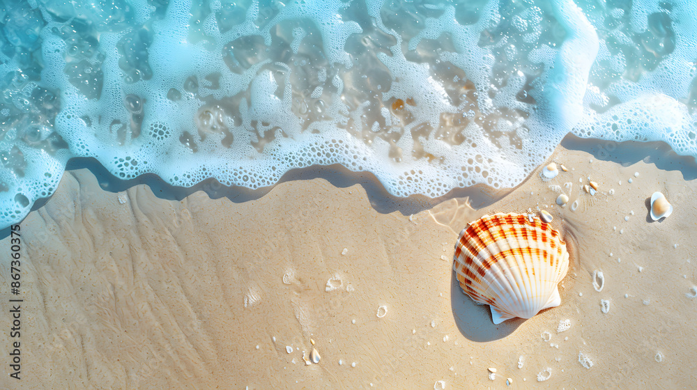 Obraz premium On the sandy beach by the sea there are seashells scattered about It s the perfect spot for a relaxing seaside vacation with plenty of copy space image