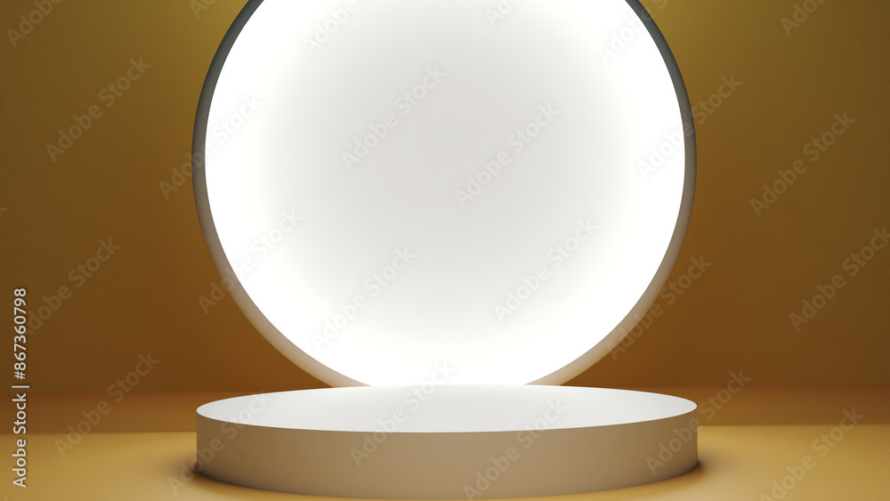 White Podium with bright light shining from the large disk with yellow background White Podium with bright light shining from the large disk with yellow background