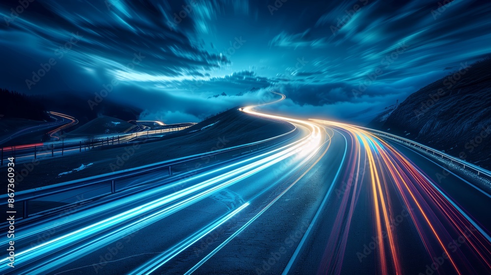 Obraz premium A highspeed road with blurred light trails, representing fast internet speed and data transfer in motion
