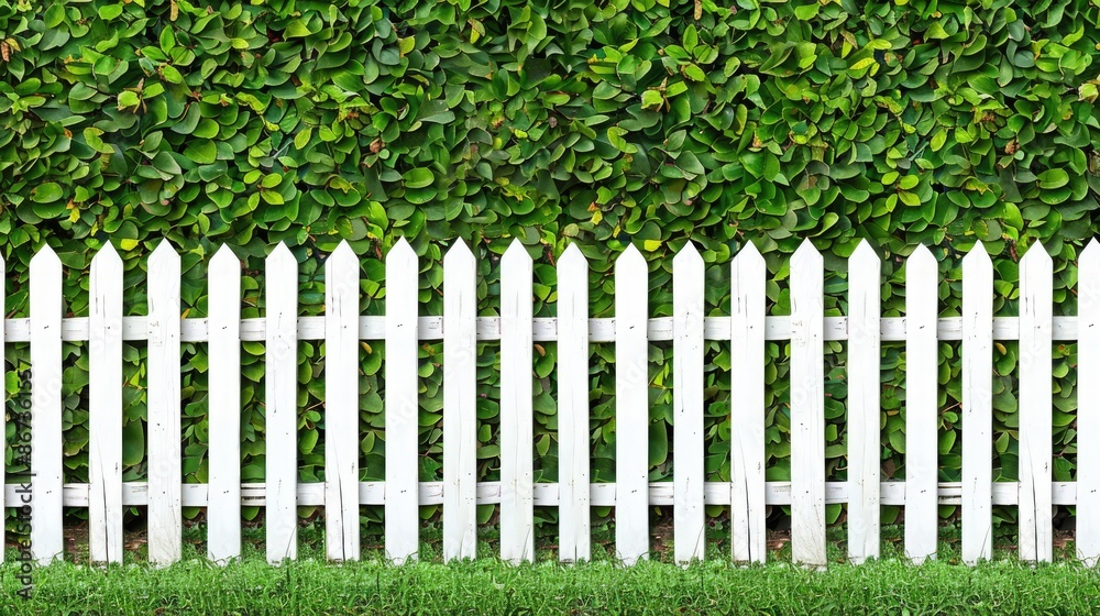 A white picket fence lines a manicured green hedge, creating a beautiful border between a private property and the public sidewalk A white picket fence lines a manicured green hedge, creating a beautiful border between a private property and the public sidewalk