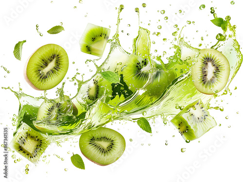 Photography of kiwi juice splash swirl, kiwi slices, floating isolated transparent background