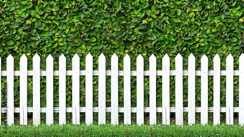 A white picket fence lines a manicured green hedge, creating a beautiful border between a private property and the public sidewalk