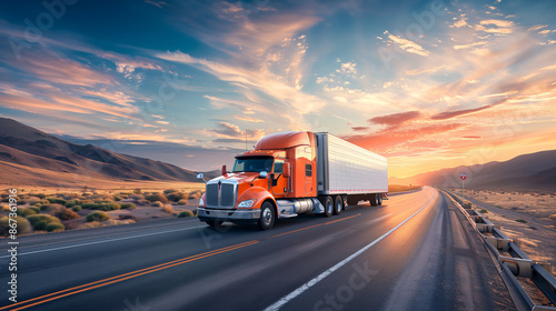 A traditional orange semi truck with a white trailer is driving on a highway in a desert valley at sunset photo