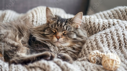 A close-up photo of a fluffy cat with its eyes closed, relaxing and sleeping peacefully on a soft, knitted blanket
