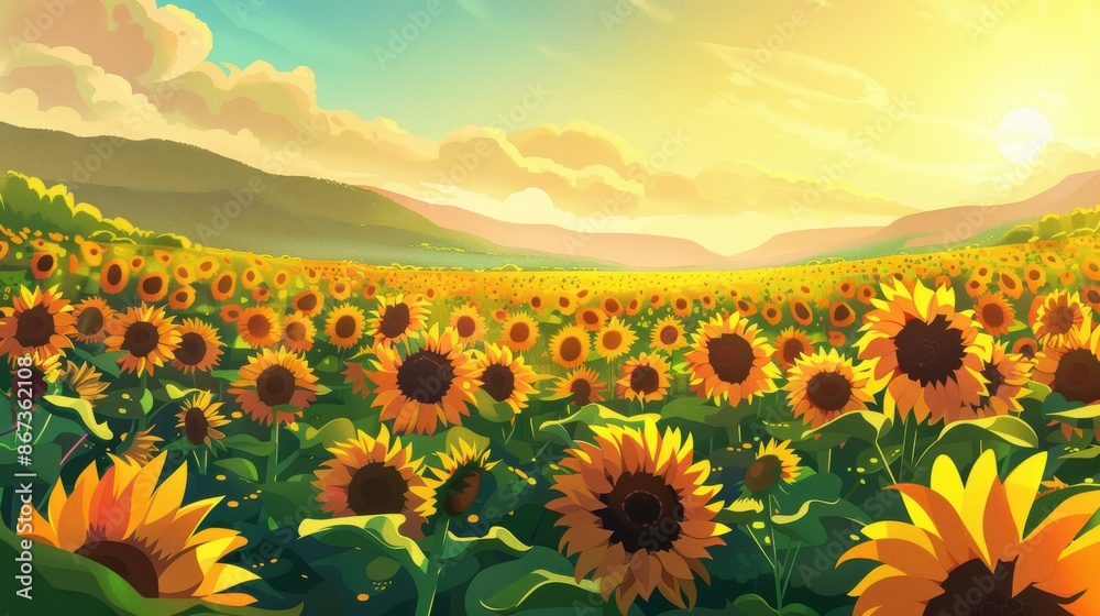 Fototapeta premium Beautiful sunflower field at sunset. Digital art illustration of vast landscape with blooming sunflowers, hills and golden light.