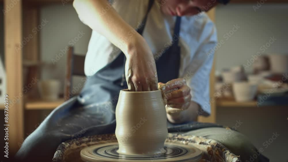 Woman potter working on a Potter's wheel making a vase. Master pulls the jug off the circle gently holding it in hands Woman potter working on a Potter's wheel making a vase. Master pulls the jug off the circle gently holding it in hands
