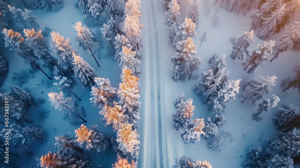 Aerial view of a winding road through a winter forest, captured with drone photography