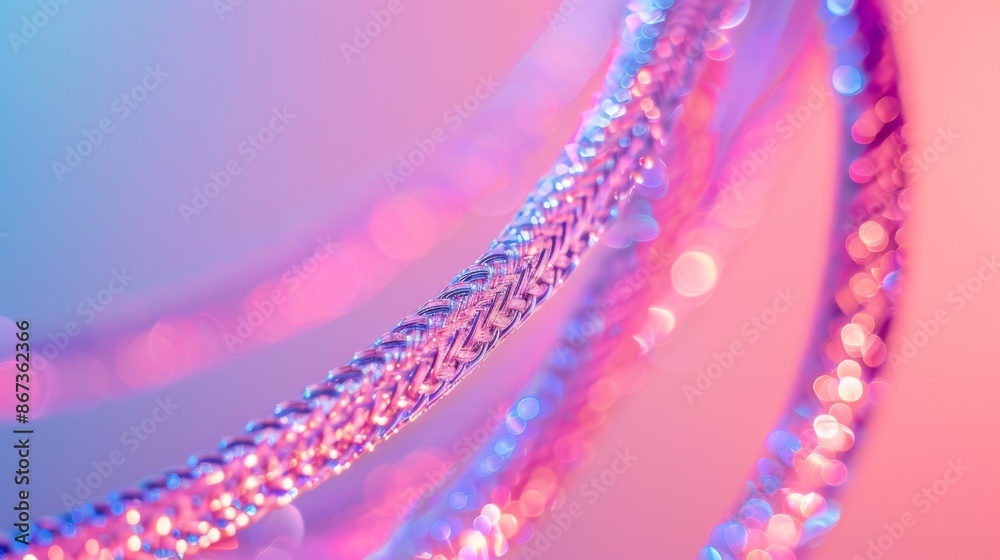 A minimalist composition featuring a close-up of a coiled holographic phone cord against a soft pink gradient background A minimalist composition featuring a close-up of a coiled holographic phone cord against a soft pink gradient background