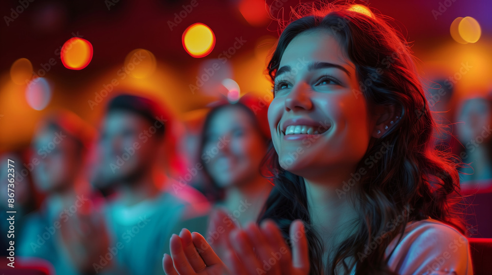 Beautiful woman clapping and smiling while sitting in the audience of an auditorium with other people, concept photo for a public arts event or conference at a cinema theater Beautiful woman clapping and smiling while sitting in the audience of an auditorium with other people, concept photo for a public arts event or conference at a cinema theater