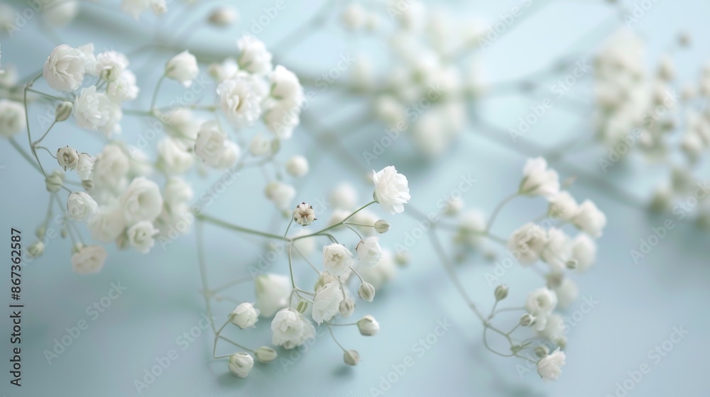 A close-up photo of soft, pastel-colored gypsophila flowers arranged on a bridal backdrop, highlighting the flowers delicate beauty A close-up photo of soft, pastel-colored gypsophila flowers arranged on a bridal backdrop, highlighting the flowers delicate beauty