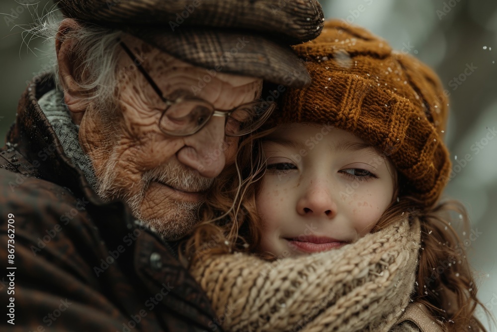 Warm embrace between elderly man and young girl in winter clothing, highlighting love and connection across generations. Warm embrace between elderly man and young girl in winter clothing, highlighting love and connection across generations.