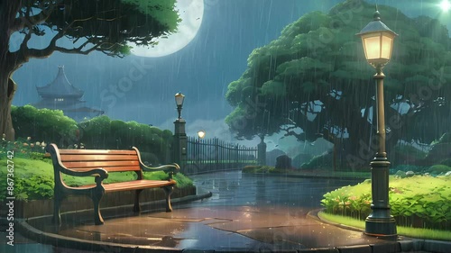 Animated wallpaper of garden with rain falls effect.