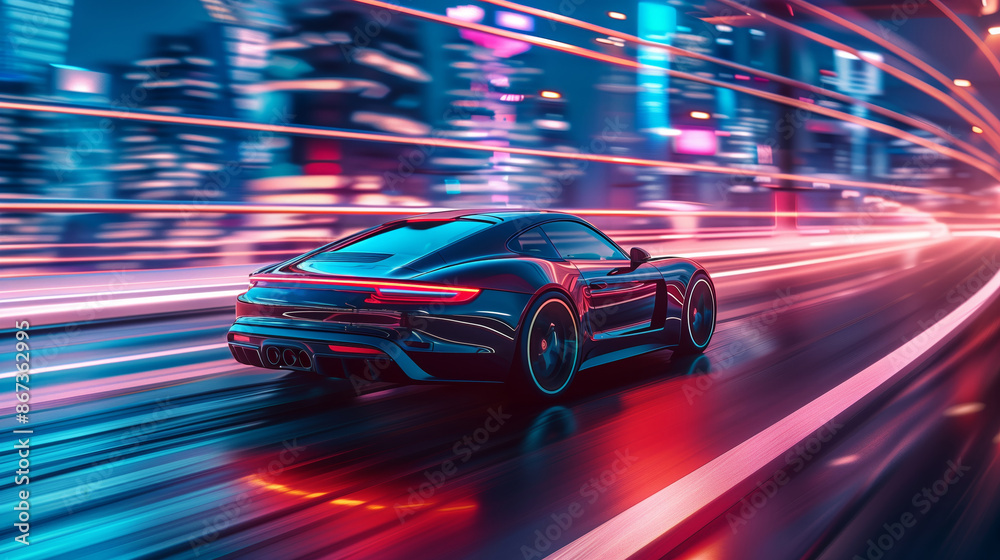 Fototapeta premium Futuristic car driving on a highway with a cityscape background