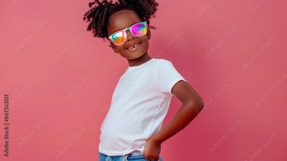 Close-up photo of a confident young Black girl in holographic sunglasses and a white t-shirt, posing against a pink background with a youthful energy Close-up photo of a confident young Black girl in holographic sunglasses and a white t-shirt, posing against a pink background with a youthful energy