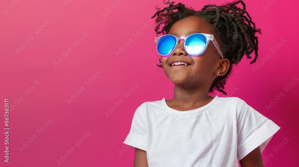 A close-up photograph of a seven-year-old Black girl wearing holographic sunglasses, looking up and smiling. She is wearing a white t-shirt and stands against a pink backdrop A close-up photograph of a seven-year-old Black girl wearing holographic sunglasses, looking up and smiling. She is wearing a white t-shirt and stands against a pink backdrop