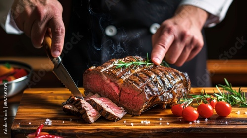 A steakhouse chef slicing a medium-rare prime rib steak on a wooden carving board, ready to serve to guests