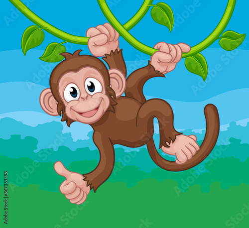 A monkey cartoon character singing on jungle vines and giving a thumbs up