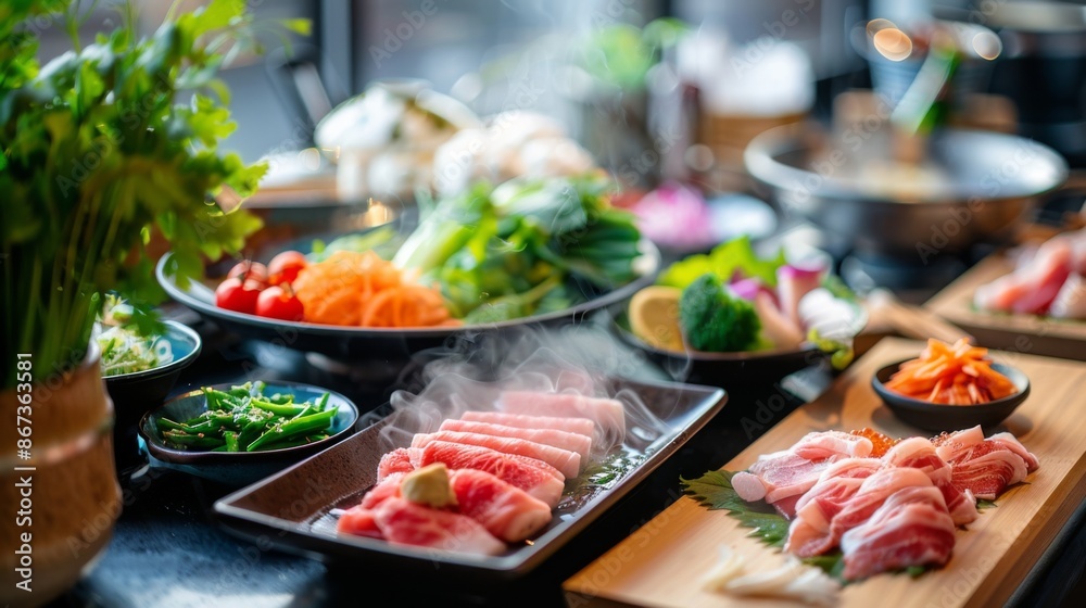 Obraz premium A stylish restaurant table set for shabu-shabu with a variety of fresh vegetables and thinly sliced meats ready for cooking.