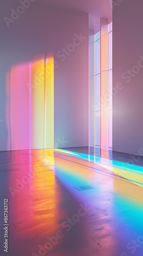 Colorful light streaks on wooden floor in empty room