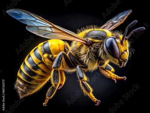 Vibrant yellow and black bee in mid-flight, isolated on transparent background, showcasing intricate details and delicate wings, captured in stunning macro photography. © Adisorn