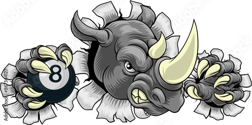 A rhino or rhinoceros cartoon sports mascot holding a black eight pool ball