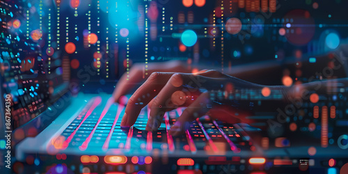 Closeup of hands typing on a keyboard with digital technology, software development concept. Coding programmer, software engineer working on laptop