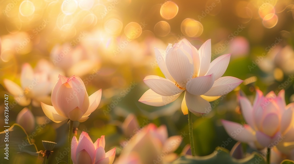 A close-up shot of delicate lotus flowers bathed in the warm glow of golden hour, their petals softly blurred for an ethereal effect A close-up shot of delicate lotus flowers bathed in the warm glow of golden hour, their petals softly blurred for an ethereal effect