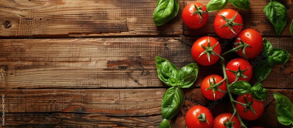 Fresh tomatoes and basil from farmers on wooden table. Top view with room for text Fresh tomatoes and basil from farmers on wooden table. Top view with room for text