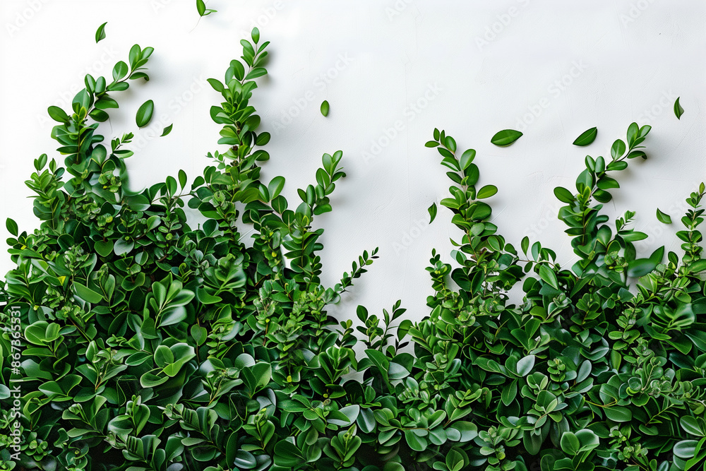 Obraz premium Vibrant green foliage with leaves against a clean white background, showcasing fresh and natural greenery for nature themes.