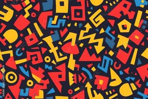 Abstract geometric seamless pattern in red, yellow, blue on black background. 90s retro style abstract geometric pattern design.