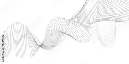 Abstract grey, white smooth element swoosh speed wave modern stream background. Wave with lines created using blend tool. Abstract frequency sound wave lines and twisted curve lines background.