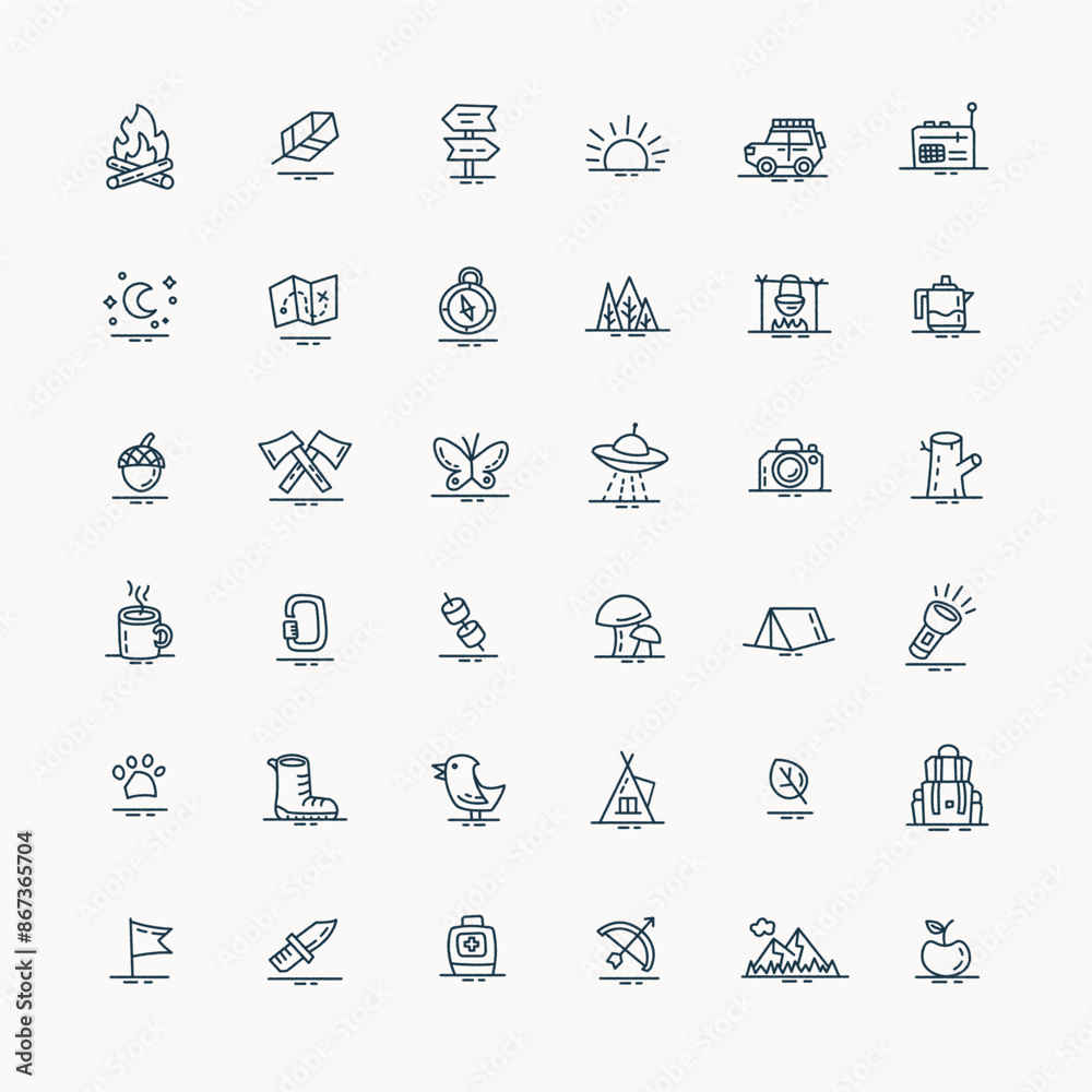 Fototapeta premium Outdoor Camping Line Icons Set