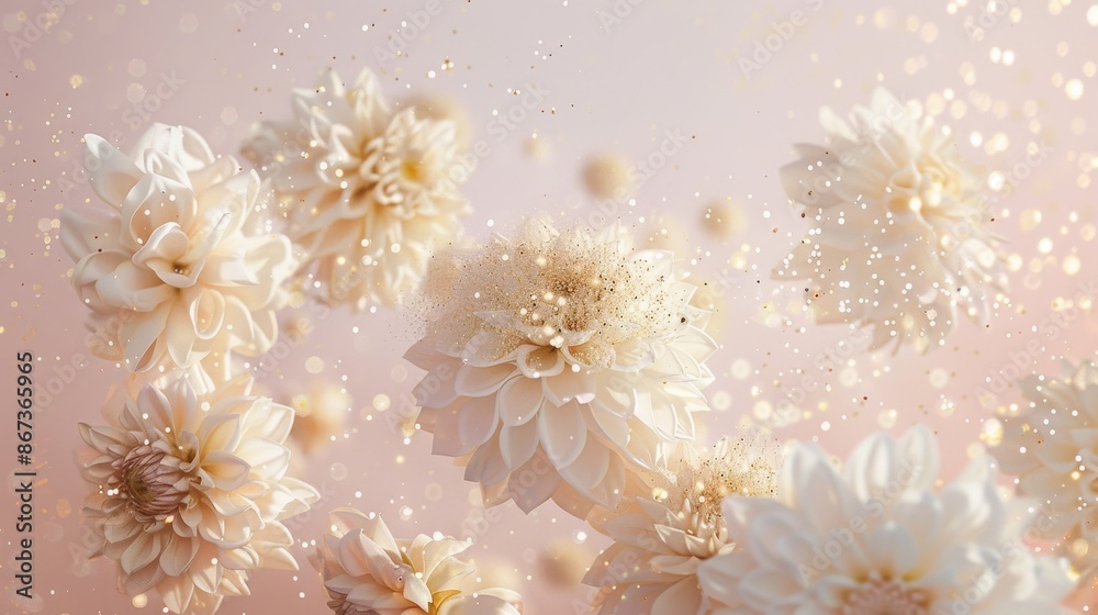 A close-up photo of white dahlias dusted with gold glitter suspended in midair against a pastel pink sky A close-up photo of white dahlias dusted with gold glitter suspended in midair against a pastel pink sky