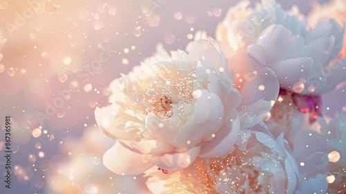 Fototapeta Naklejka Na Ścianę i Meble -  A close-up shot of white peony flowers covered in golden glitter, set against a soft pink sky with a blurred background