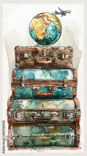 Old leather suitcases piled together with a globe and airplane on top, painted in a watercolor style.