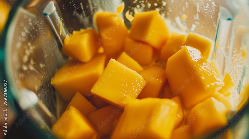 Close-up of a blender filled with fresh mango chunks and yogurt, ready to blend into a delicious fruit smoothie.