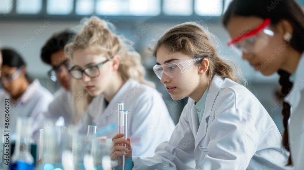 A group of college students wearing lab coats and safety goggles conduct experiments in a science laboratory A group of college students wearing lab coats and safety goggles conduct experiments in a science laboratory