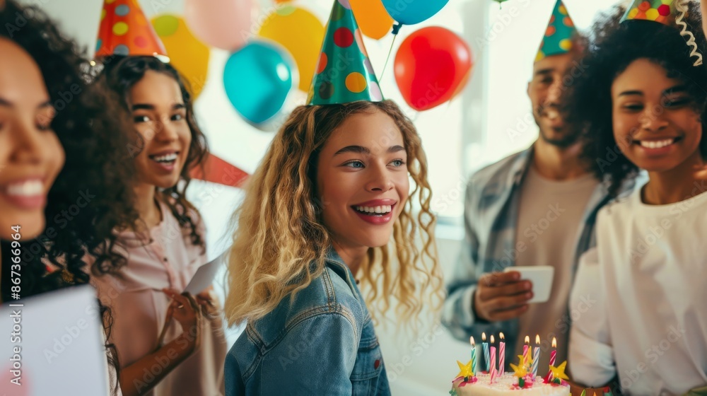 Obraz premium A young woman wearing a birthday hat is surprised by her friends and family who are holding signs and celebrating her birthday