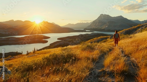 A hiker walks along a scenic trail in the mountains at sunset, with a lake and distant peaks in the background photo