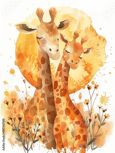 Cute cartoon style giraffes, adult and baby, standing in a field of flowers against a warm sunny watercolor sunset background