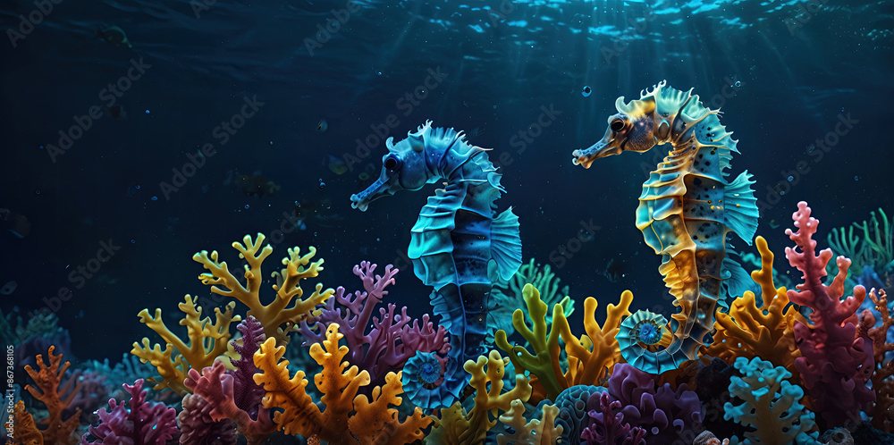 glow vibrant Seahorse swim in the underwater