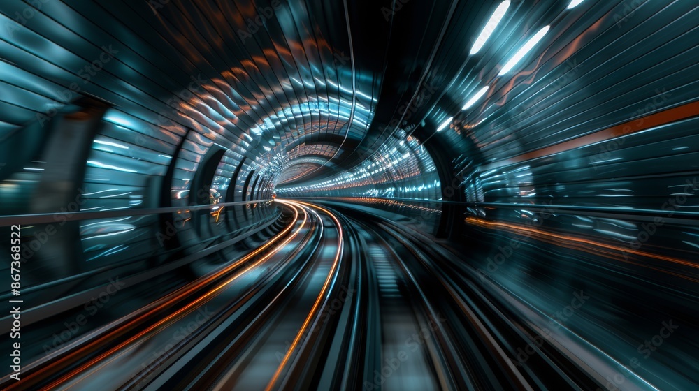Mesmerizing high-speed tunnel with dynamic light trails showcasing futuristic urban transit aesthetics. Mesmerizing high-speed tunnel with dynamic light trails showcasing futuristic urban transit aesthetics.