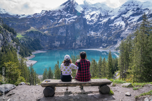 oeschinensee is the place where the tourist came to walk trek hike camp and picnic .there is many beautiful and amazing view point to take photo , kandersteg Switzerland  