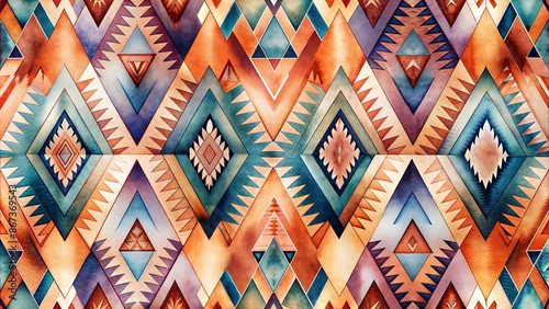 Watercolor geometric pattern with blue, orange, and purple huew