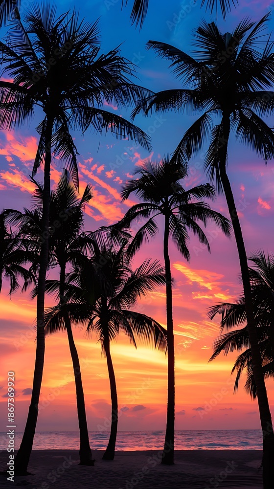 A serene tropical beach at sunset with palm trees silhouetted against a colorful sky, perfect for a vacation atmosphere A serene tropical beach at sunset with palm trees silhouetted against a colorful sky, perfect for a vacation atmosphere