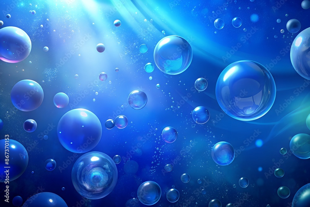 bubbles in the depths of the water, rising to a light source, breaking through the water from the rays of the sun