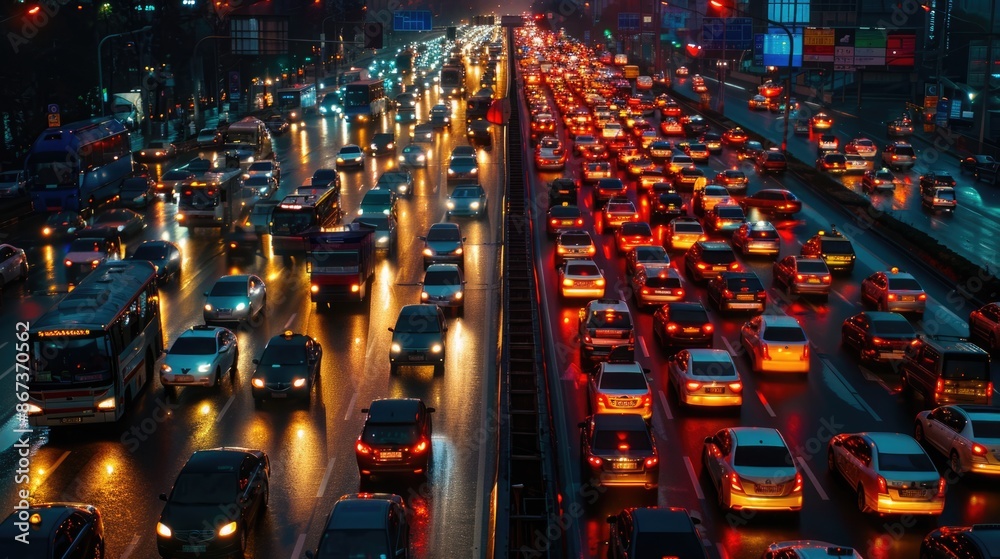 Obraz premium People are stuck in a traffic jam in the middle of the highway during rush hour. Many cars crowded on the city road. Long way home and to work. Waste of time. Long wait. Evening or night lights.